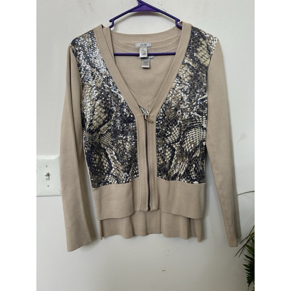 VTG Y2K Cache Sequin Snakeskin Cardigan Set Beige Ribbed Animal Print Knit M